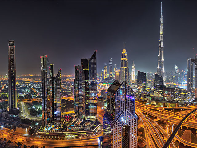 Dubai skyline with city lights, UAE