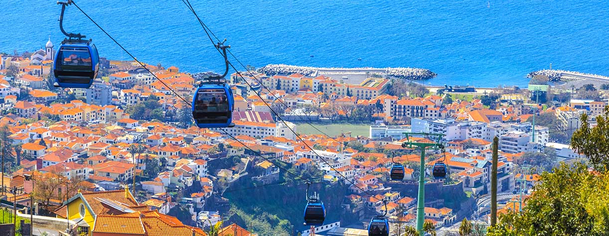 Traditional cable car transporting tourists above Funchal city, Madeira 
