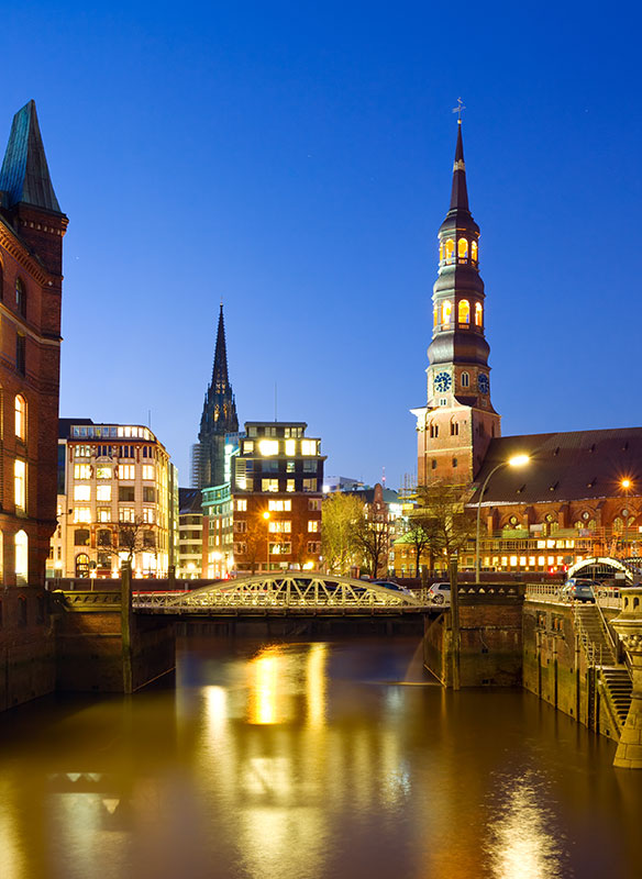 Hamburg at night , St. Catherine's Church and St. Nikolai, Germany