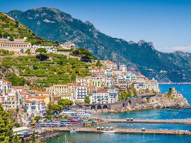 View of the beautiful town of Amalfi at famous Amalfi Coast with Gulf of Salerno, Campania, Italy
