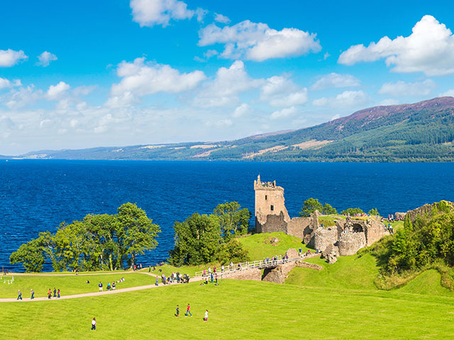 Urquhart Castle along Loch Ness lake in Scotland