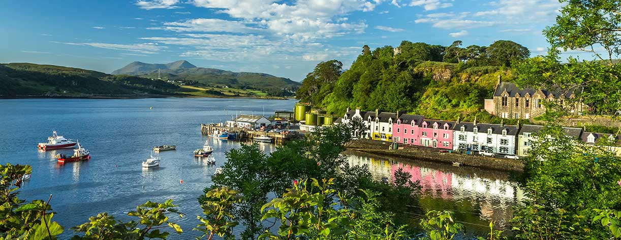 Colorful houses at the harbor of Portree, Isle of Skye, Scotland