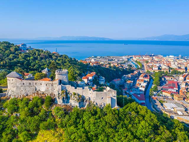 Aerial view of Rijeka with Trsat fortress, Croatia