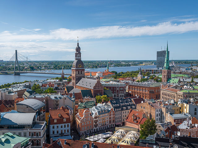 Panoramic aerial view of Riga with Riga Cathedral and Vansu Bridge,  Riga, Latvia