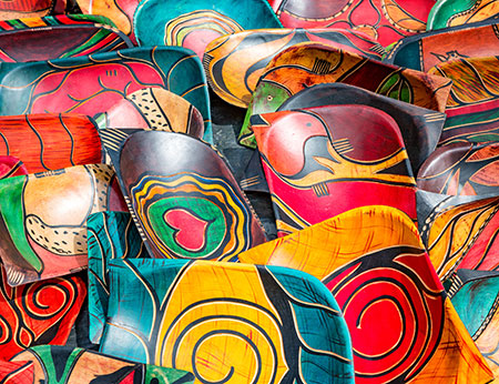 Rows of hand carved wooden bowls, South Africa