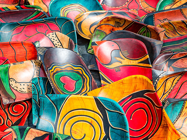 Rows of hand carved wooden bowls, South Africa