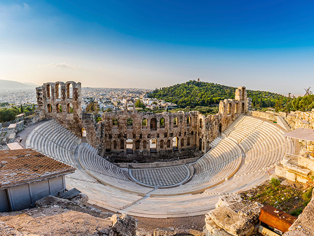 The Odeon of Herodes Atticus Roman theater structure at the Acropolis of Athens, Greece.