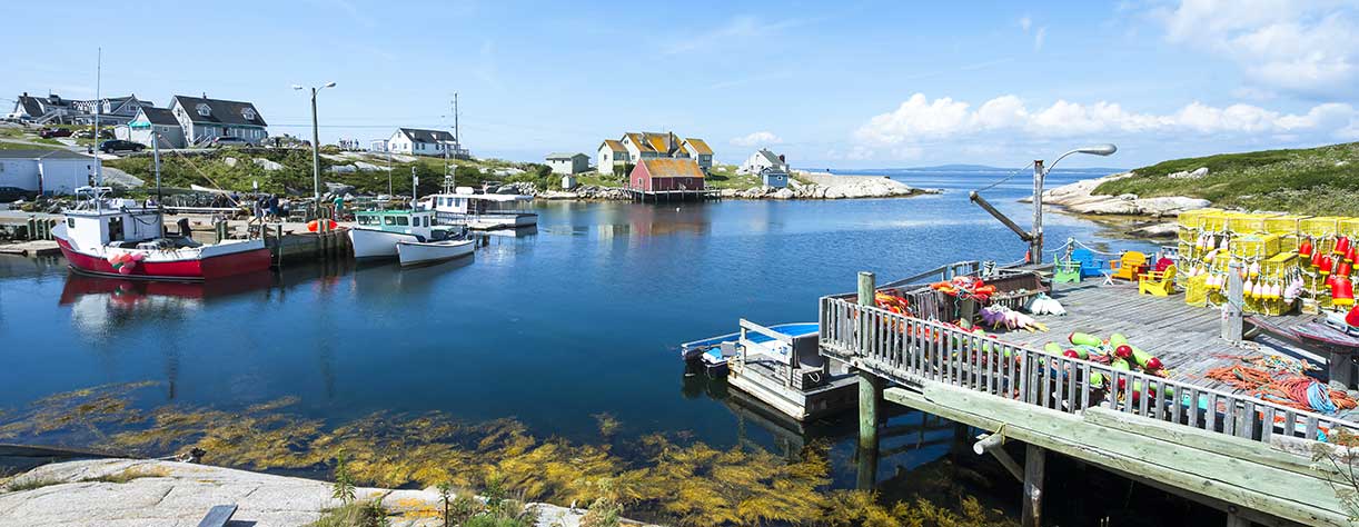 Scenic landscape view of the harbour in the fishing village of Peggy's Cove, in Halifax, Nova Scotia, Canada
