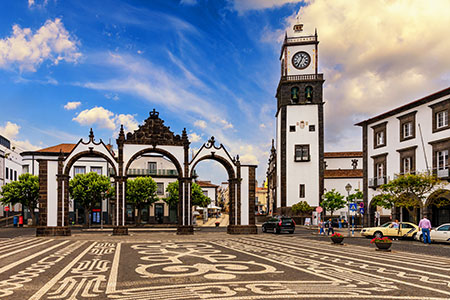 Portas da Cidade, the city symbol of Ponta Delgada in Sao Miguel Island in Azores, Portugal.