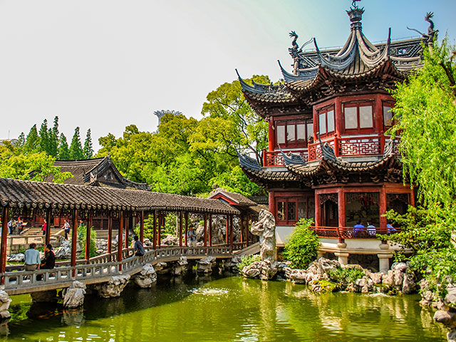 Covered Bridge in the Yu Yuan Tea Garden in Shanghai China.