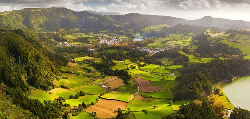 Aerial view to the Furnas city and valley, San Miguel island, Azores