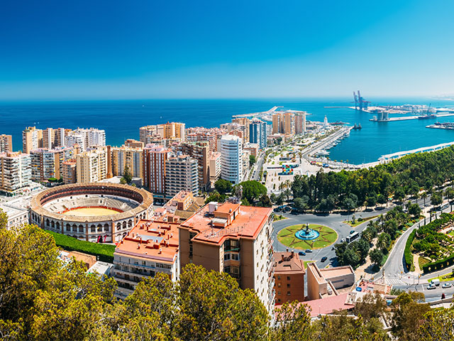 Panorama over the city of Malaga with the bullring, Spain