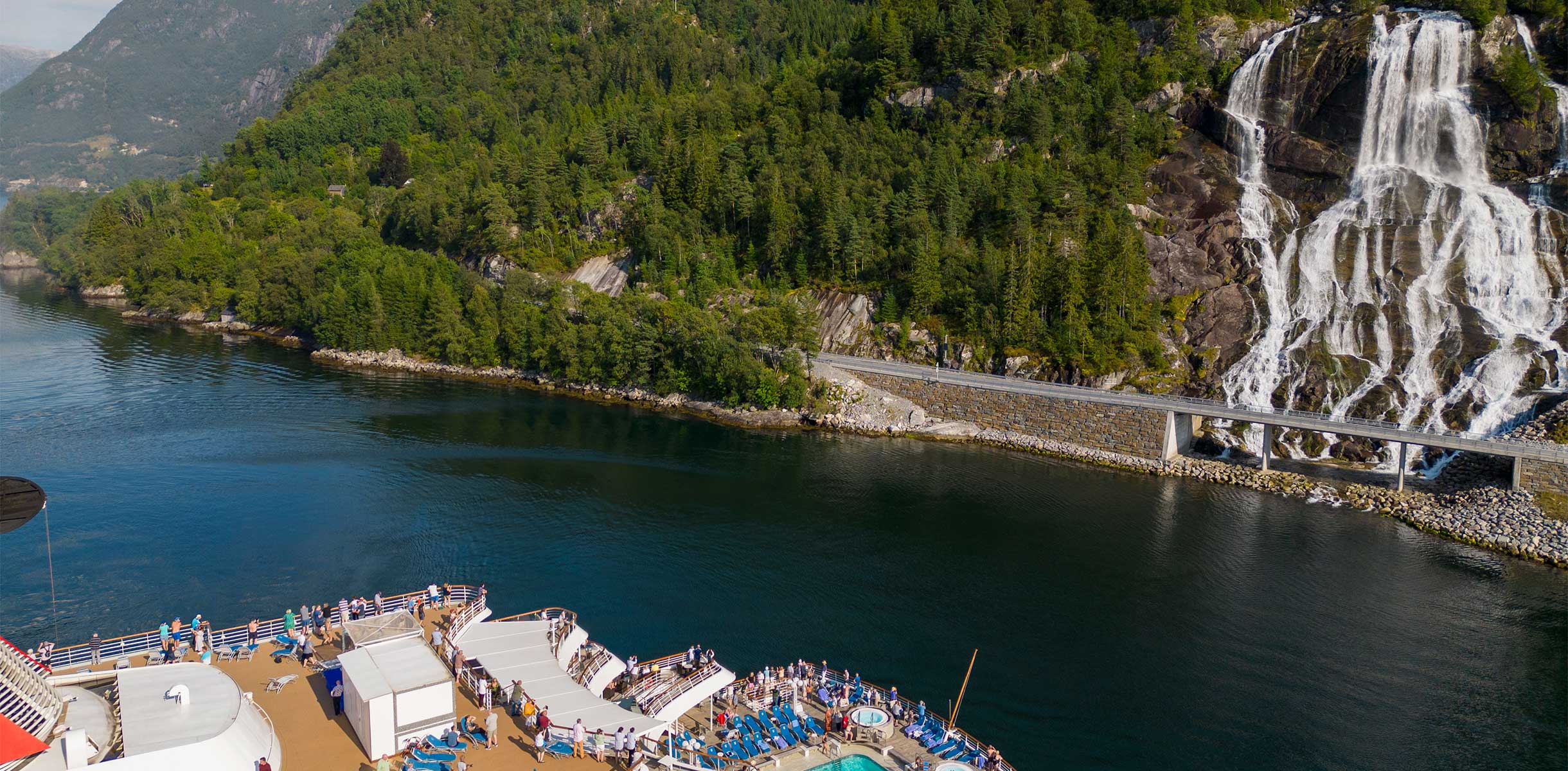 Balmoral cruising by Furebergfossen waterfall, Norway