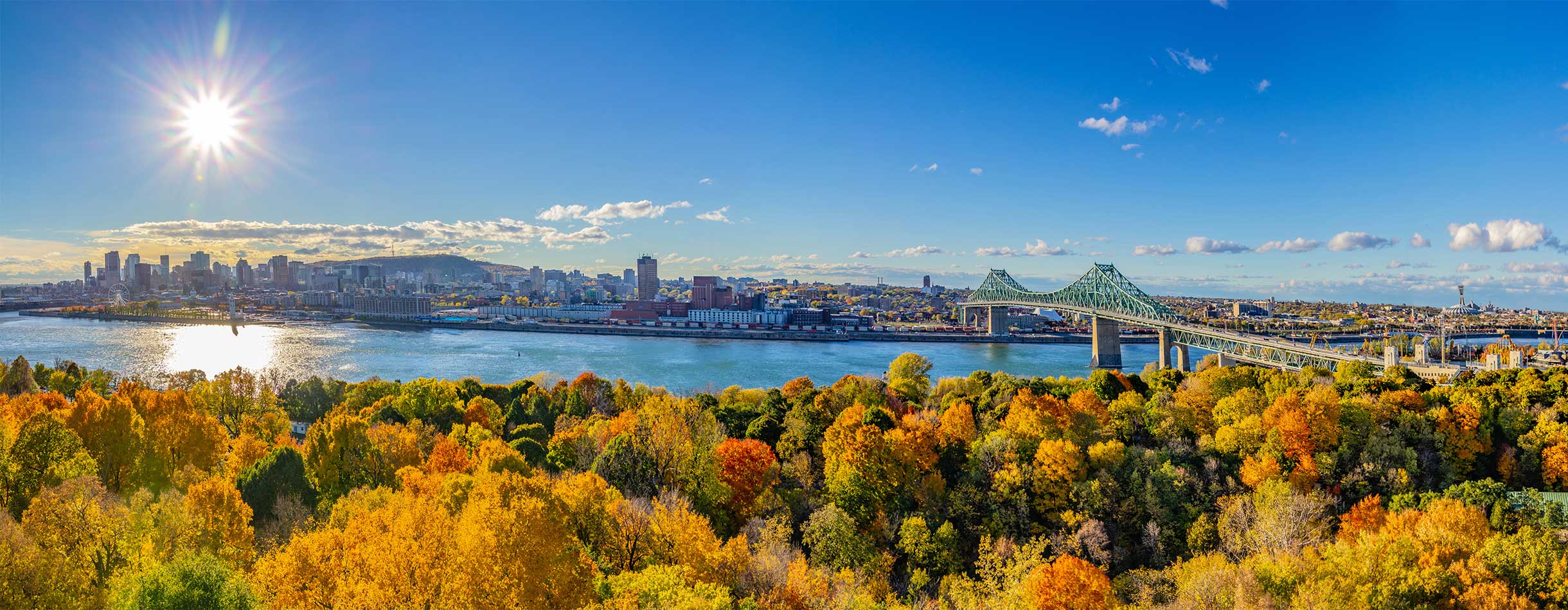 Panorama of Montreal, Quebec, Canada, and the Saint-Lawrence river in autumn