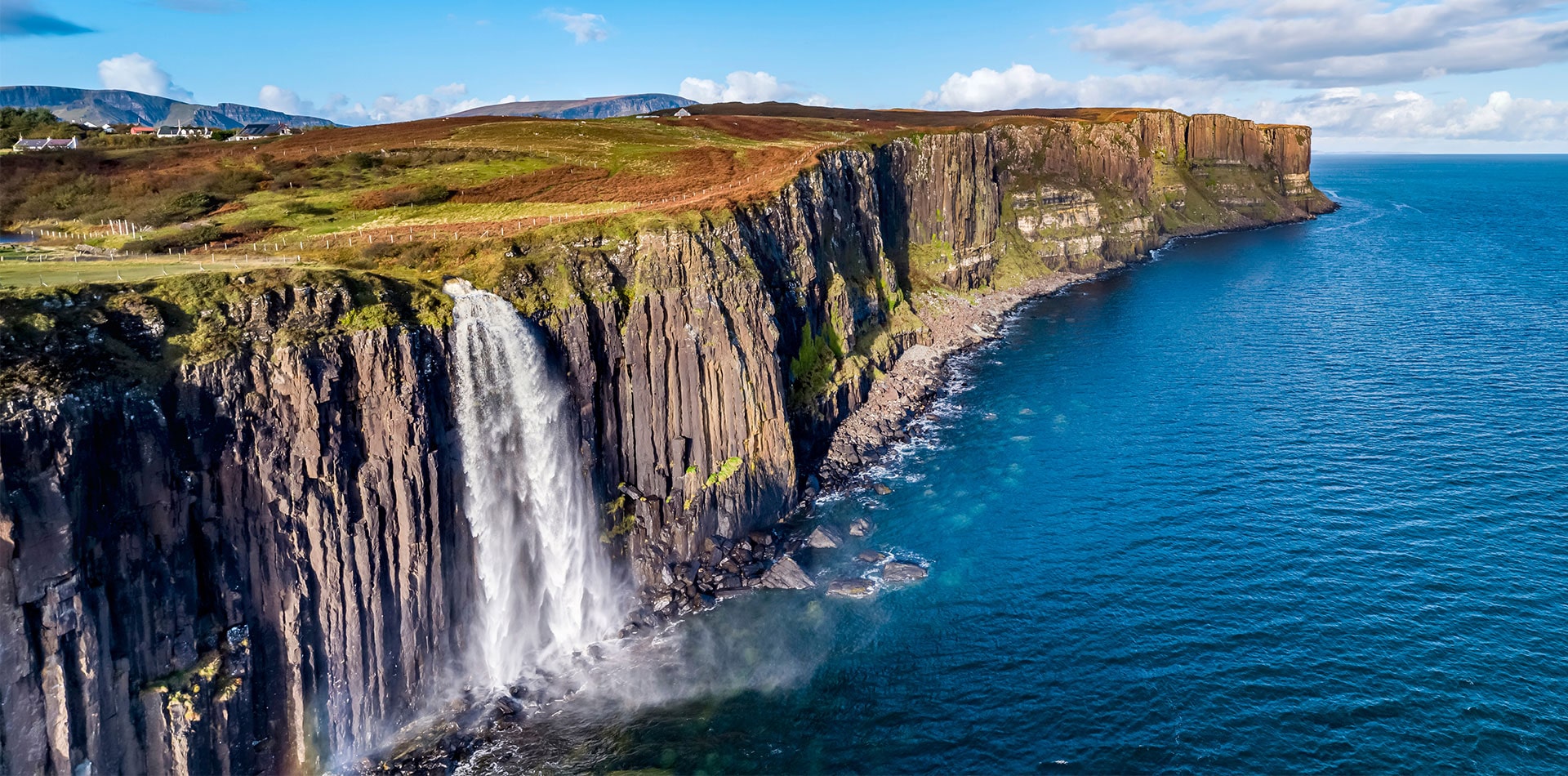 Cliffs by Staffin with the famous Kilt Rock waterfall, Scotland 