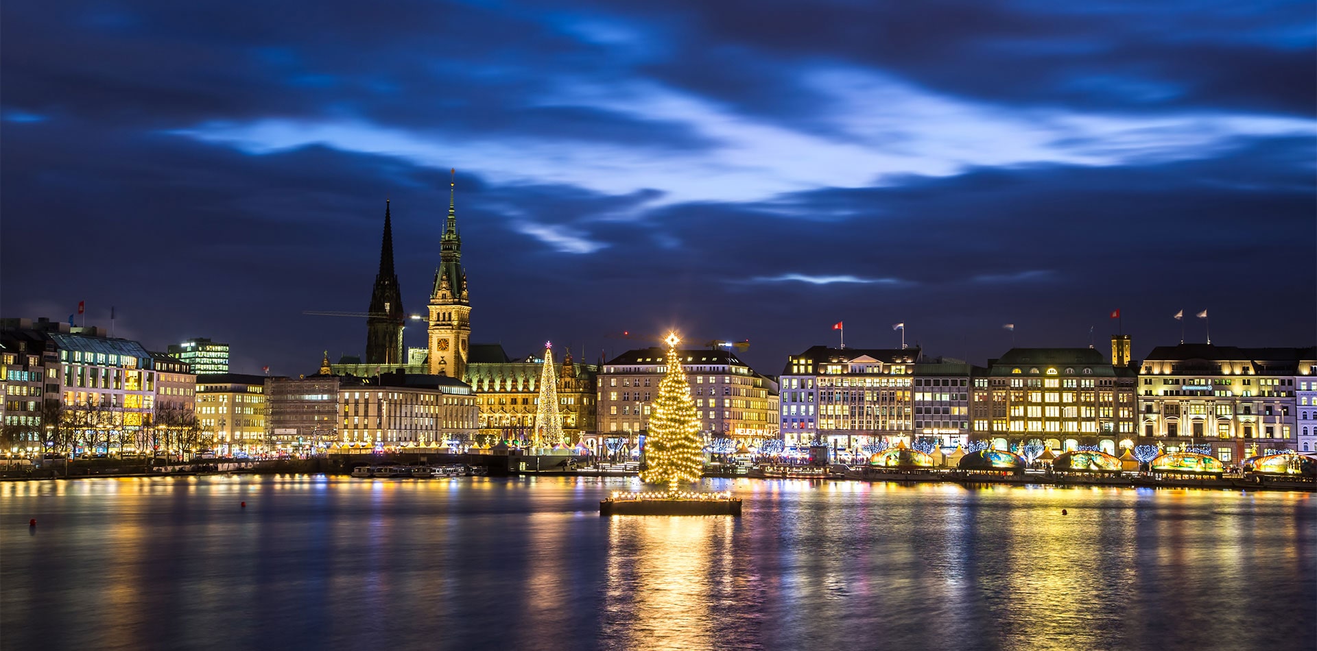 View of Hamburg at night, Christmas time, Germany