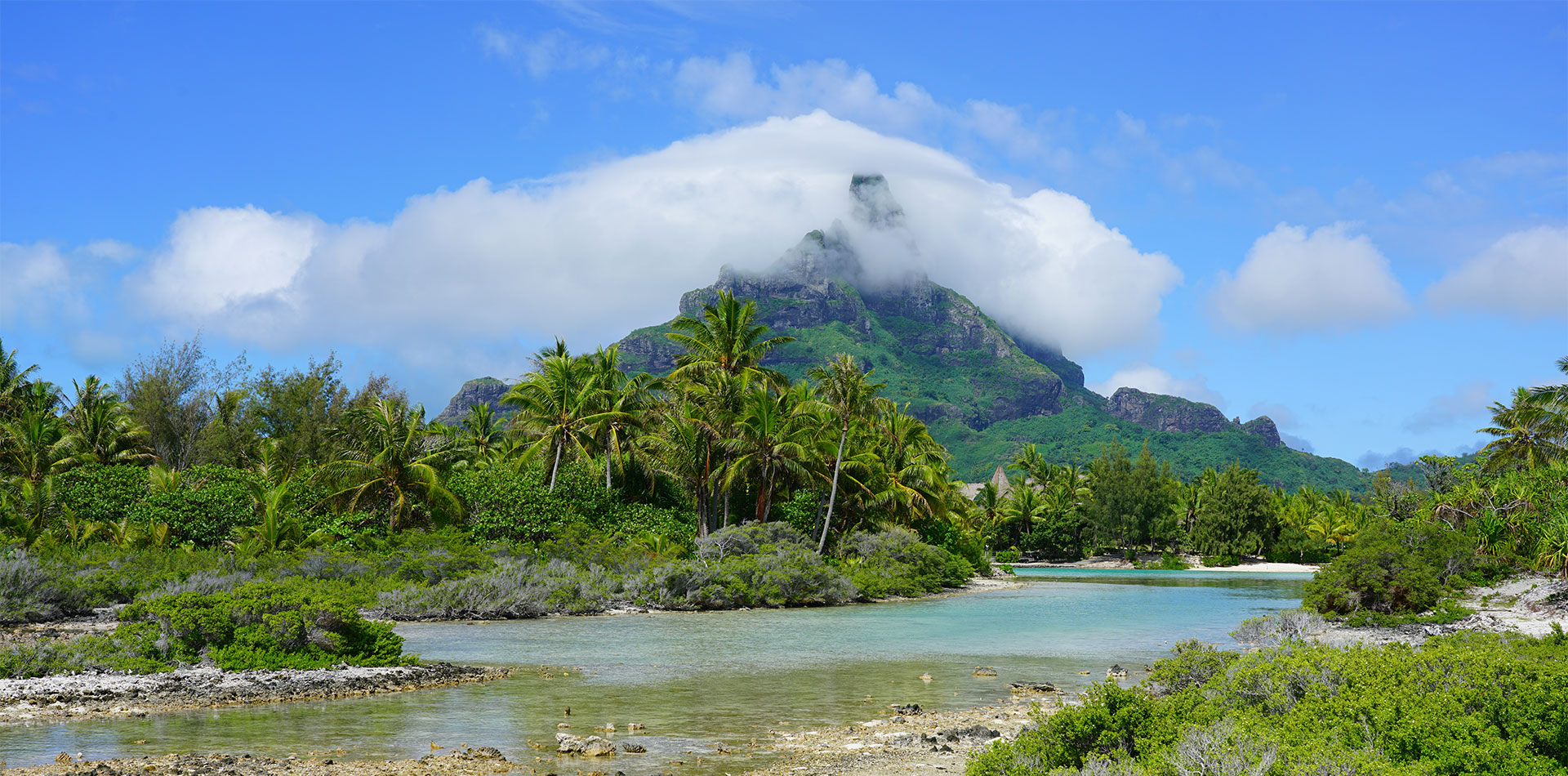 View of the Mont Otemanu mountain reflecting in water in Bora Bora, French Polynesia, South Pacific