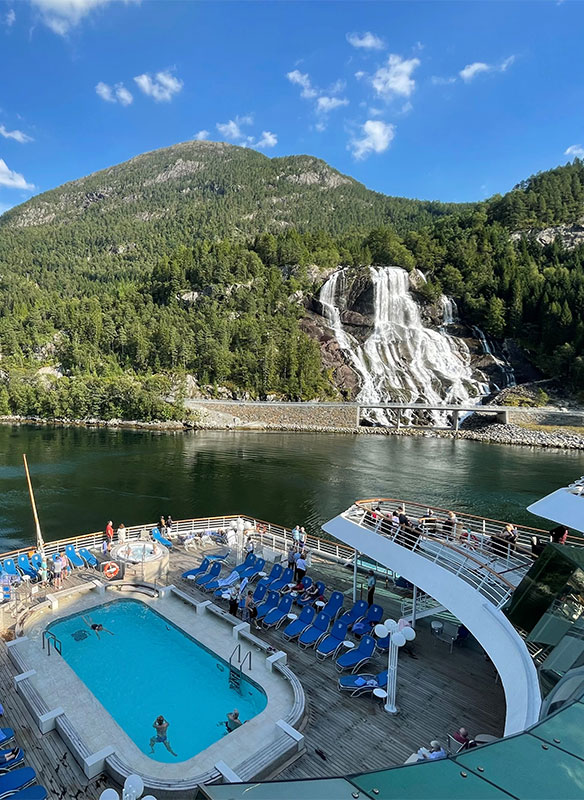 Balmoral cruising by Furebergsfossen waterfall, Norway