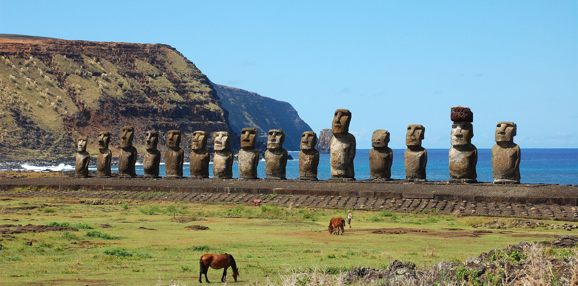 Moais of Ahu Tongariki on Easter Island, Chile.