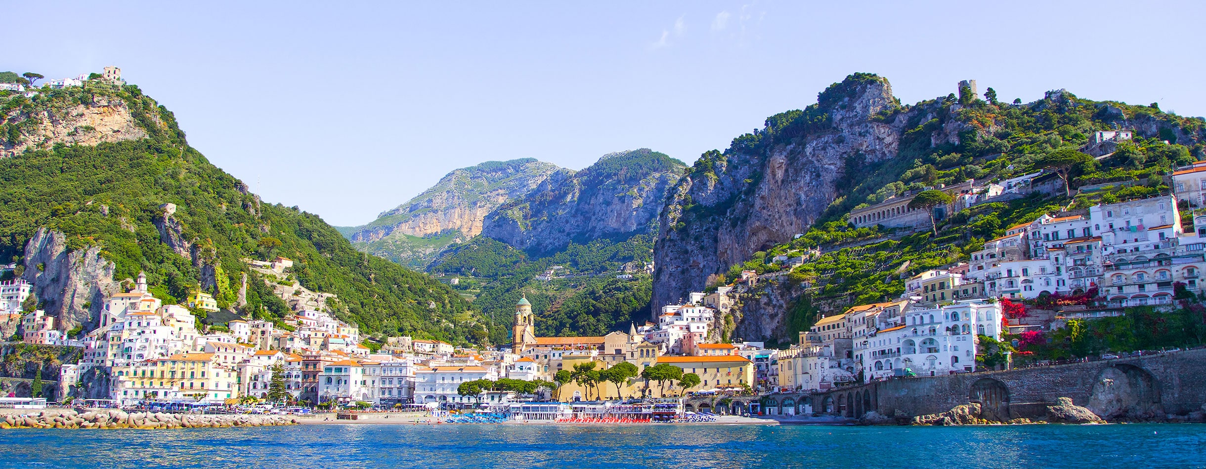 View from the sea on the cozy and cute town on the Amalfi Coast, Italy