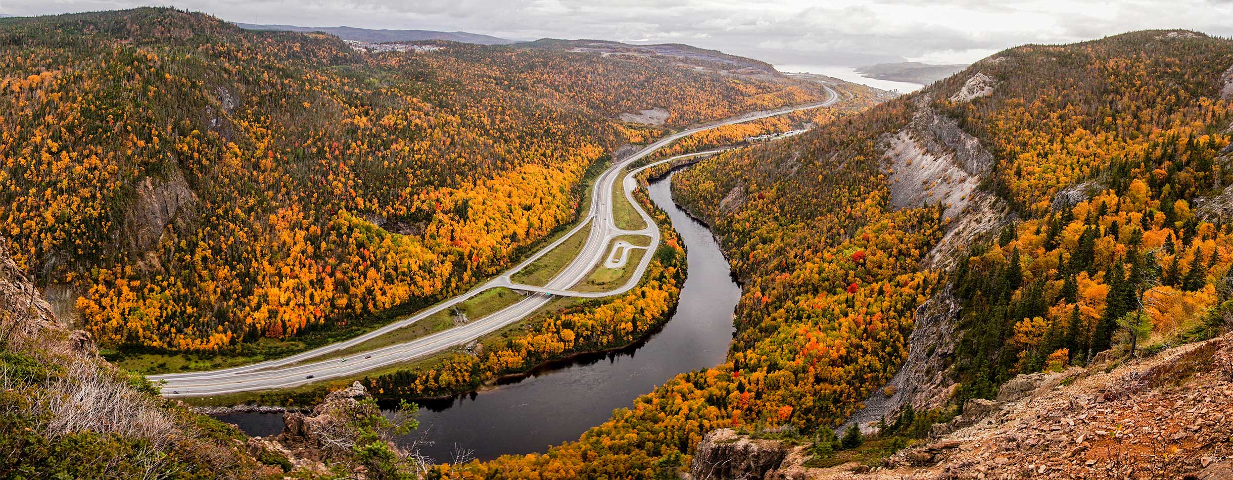 Autumn leave colors in Corner Brook, East Canada. Looking down from Captain James Cook Lookout.