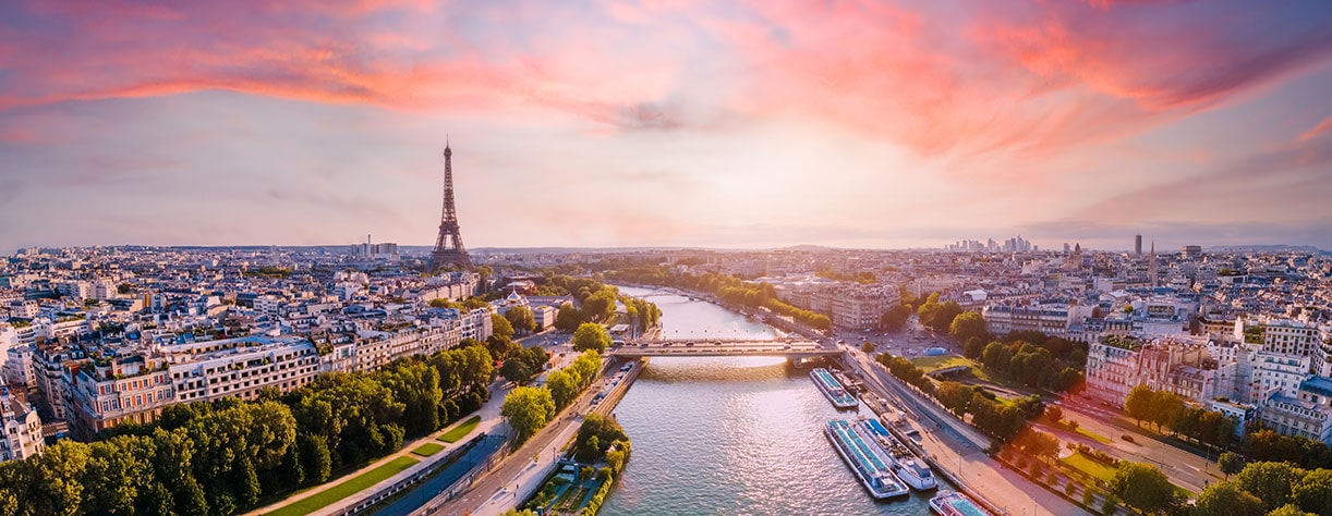 Paris aerial panorama with river Seine and Eiffel tower, France