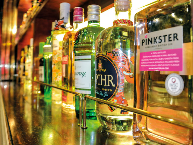 gin bottle in the Ocean Bar, Borealis