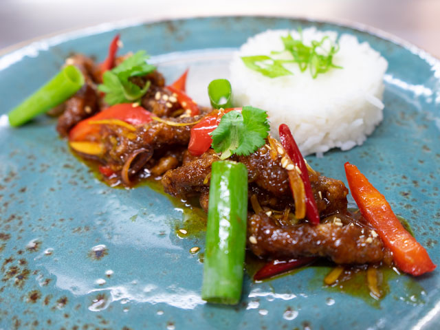 Chilli beef with Jasmine rice, Colours & Tastes