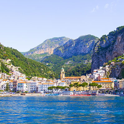 View from the sea on the cozy and cute town on the Amalfi Coast, Italy.