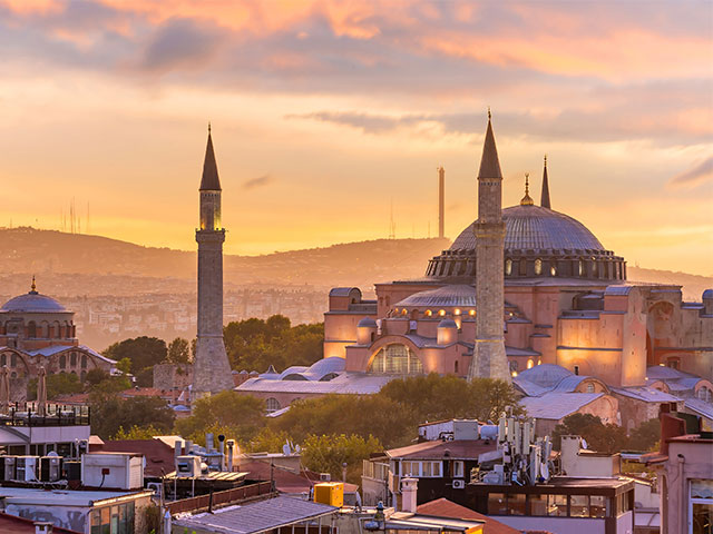 Hagia Sophia in Istanbul, Turkey from top view at sunset
