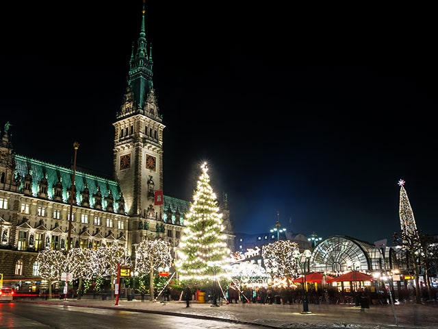 Evening view of Hamburg at Christmas time, Germany