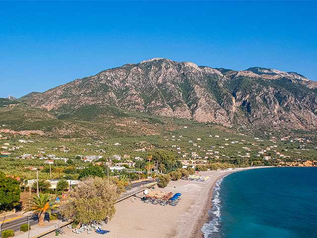 Aerial seaside view over seaside city of Kalamata, Greece