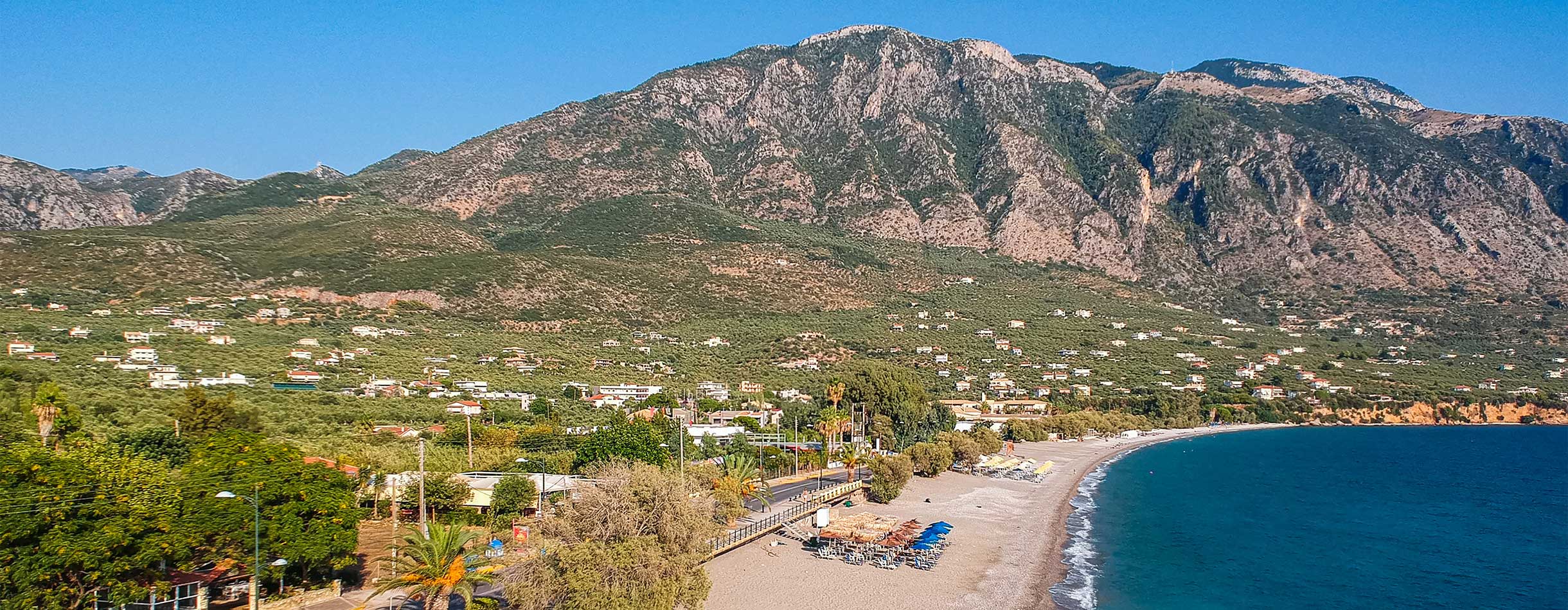 Aerial seaside view over seaside city of Kalamata, Greece