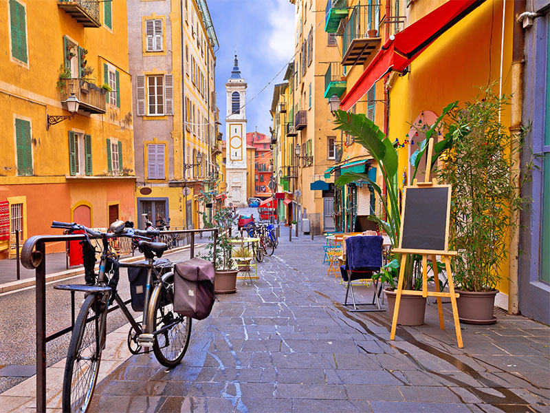 Nice colorful street architecture and church view