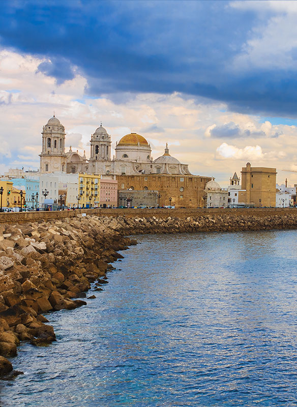 Evening view of Cadiz and cathedral, Spain
