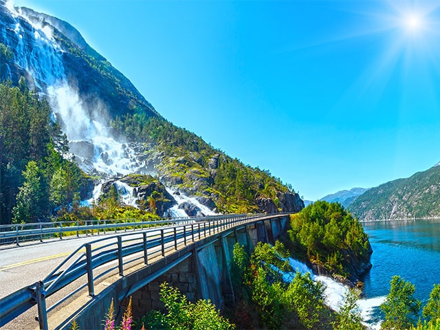 Views of Langfoss waterfall in Norway