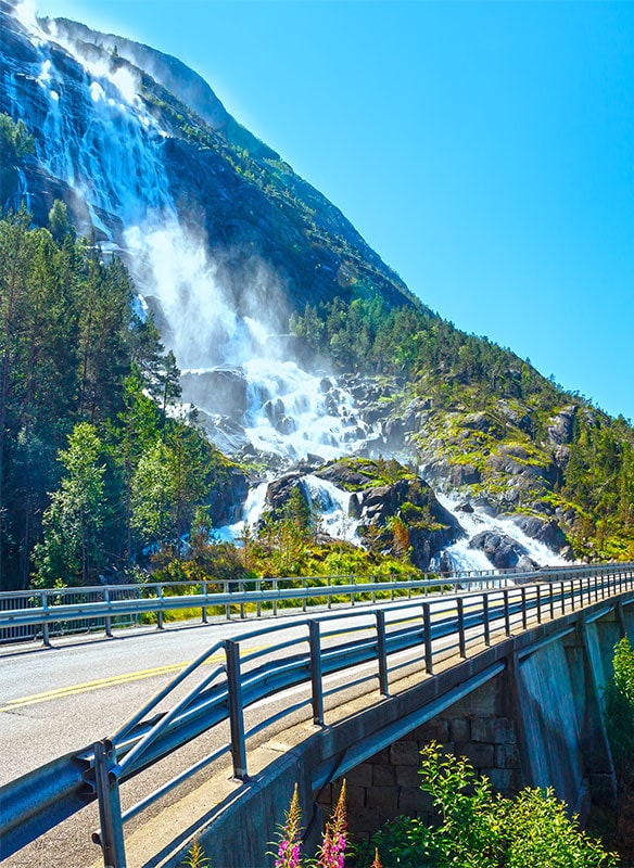 Views of Langfoss waterfall in Norway