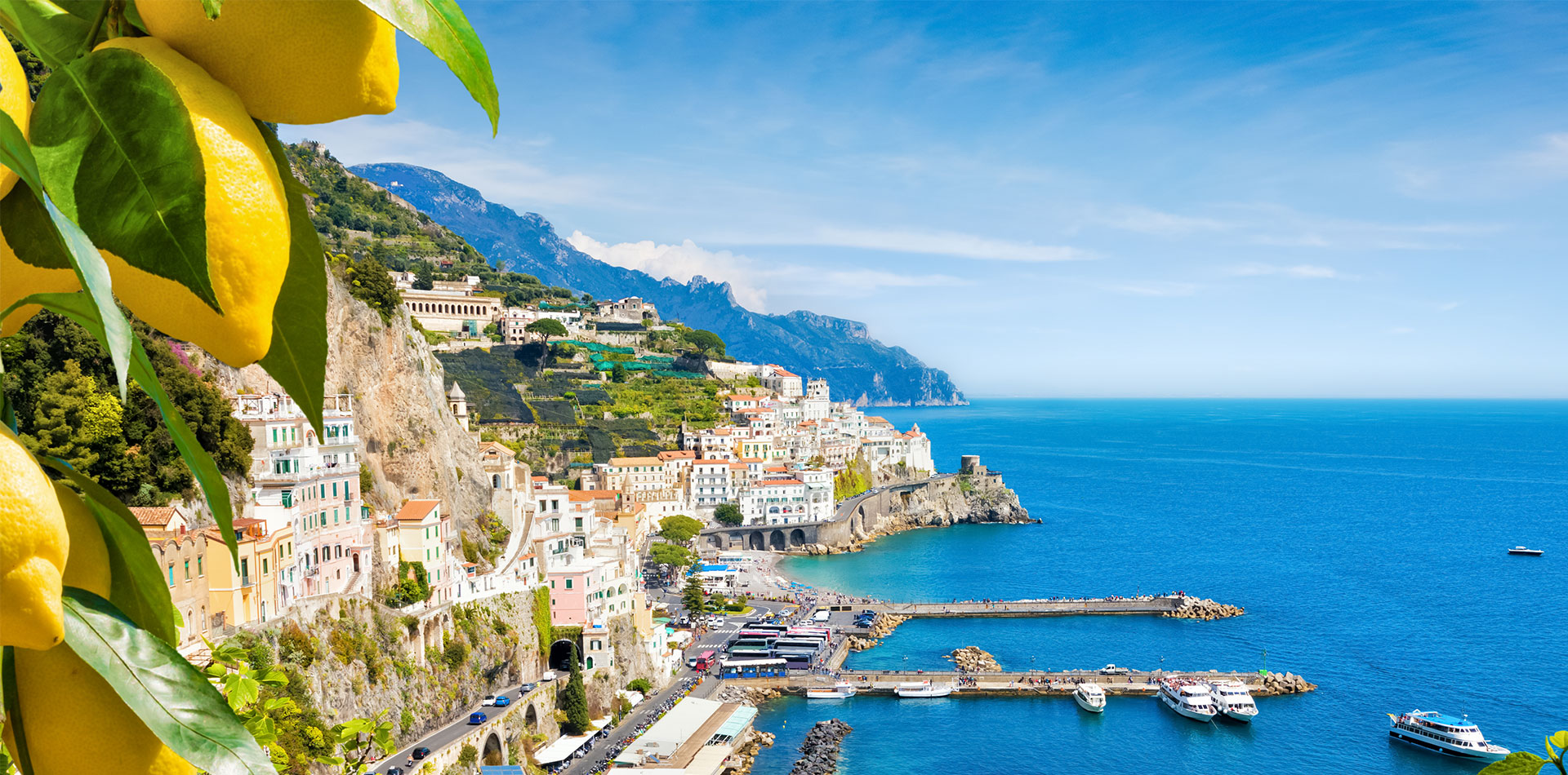 Aerial view of seaside city Amalfi in province of Salerno, Campania, Italy.