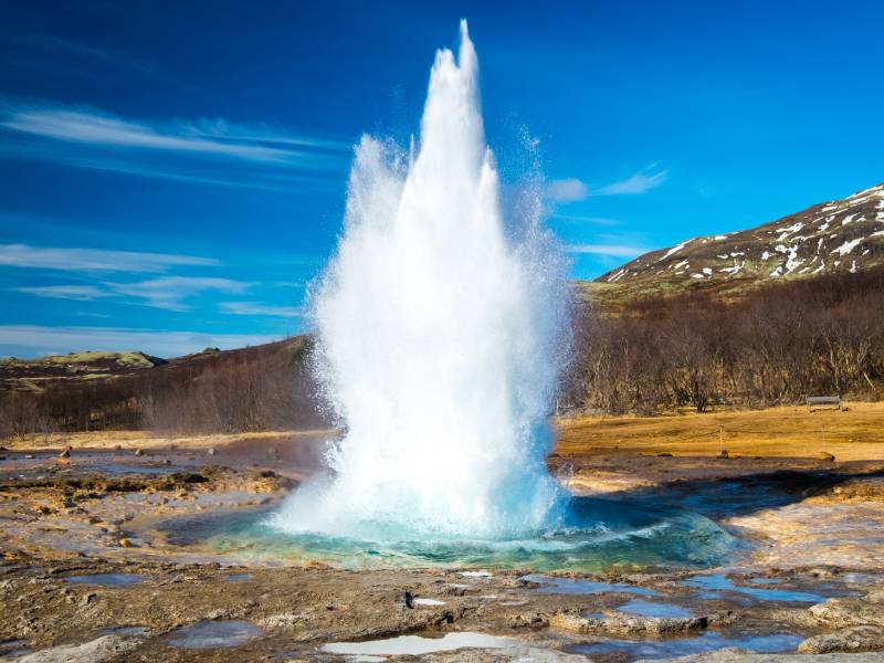 Erupting Geysir in Geysir Geothermal Area, Iceland 
