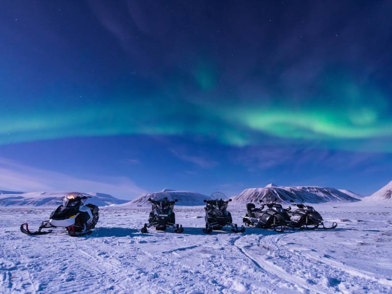 Snowmobiles under the Northern Lights 