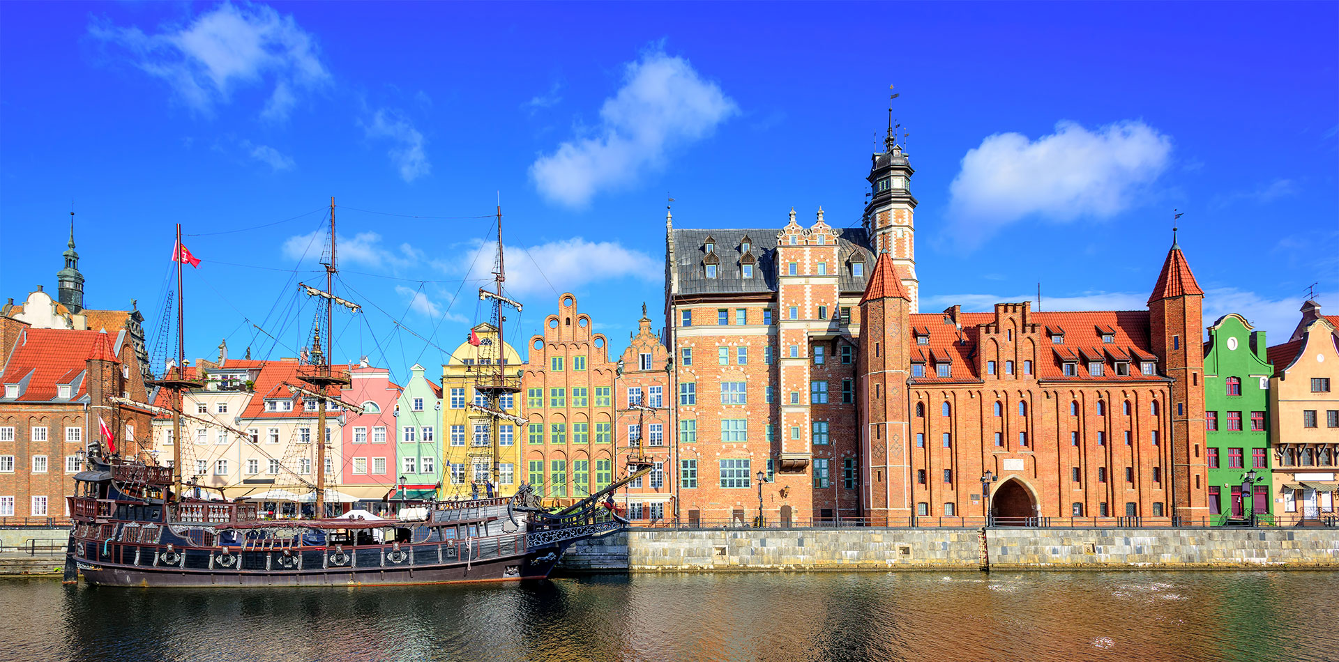 View of Gdansk's old Town and Brama Mariacka, Maria's Gate, from the Motlawa River, Poland