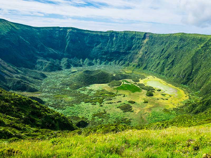 View into volcanic crater, Calderia do Faial, Faial