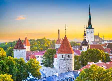 Cruise to Tallinn, Estonia. View of the fairy tale roofs of the Old City.