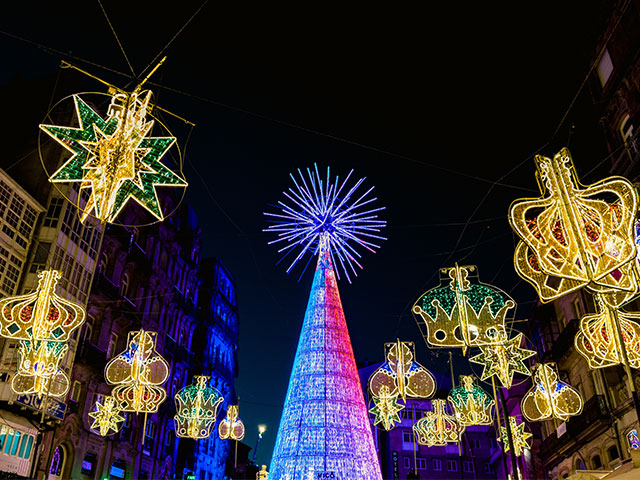 Colourful Christmas lights in Vigo, Spain