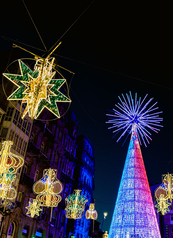 Colourful Christmas lights in Vigo, Spain