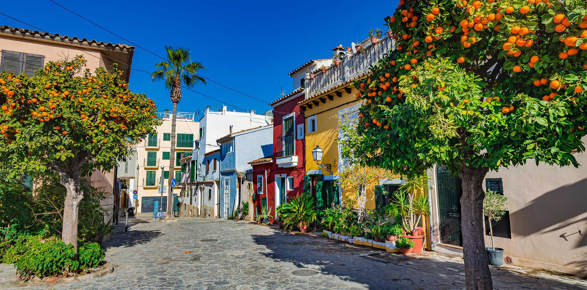 Spain, Palma de Mallorca, view of colorful houses in city center