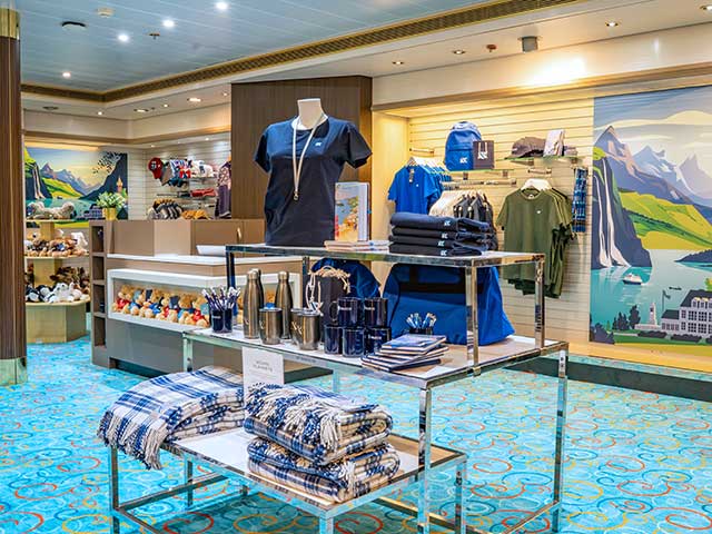 Branded merchandise on sale on board Bolette 