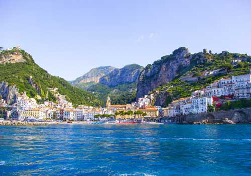 View from the sea on the cozy and cute town on the Amalfi Coast, Italy.