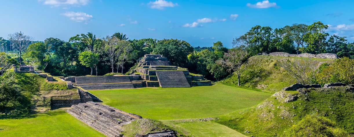 A view over the ancient Mayan city ruins of Altun Ha in Belize on a sunny day
