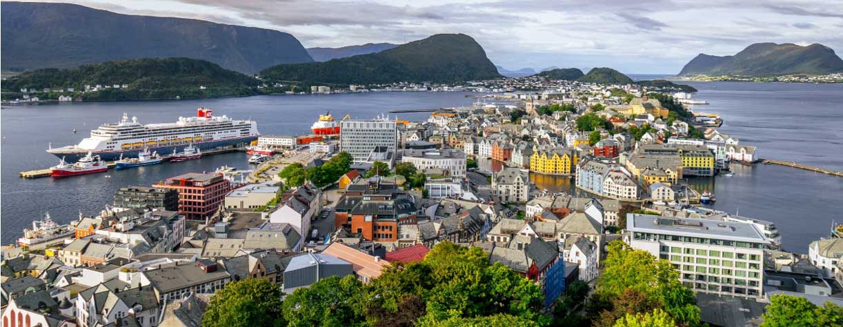 Panoramic of Alesund with ship docked